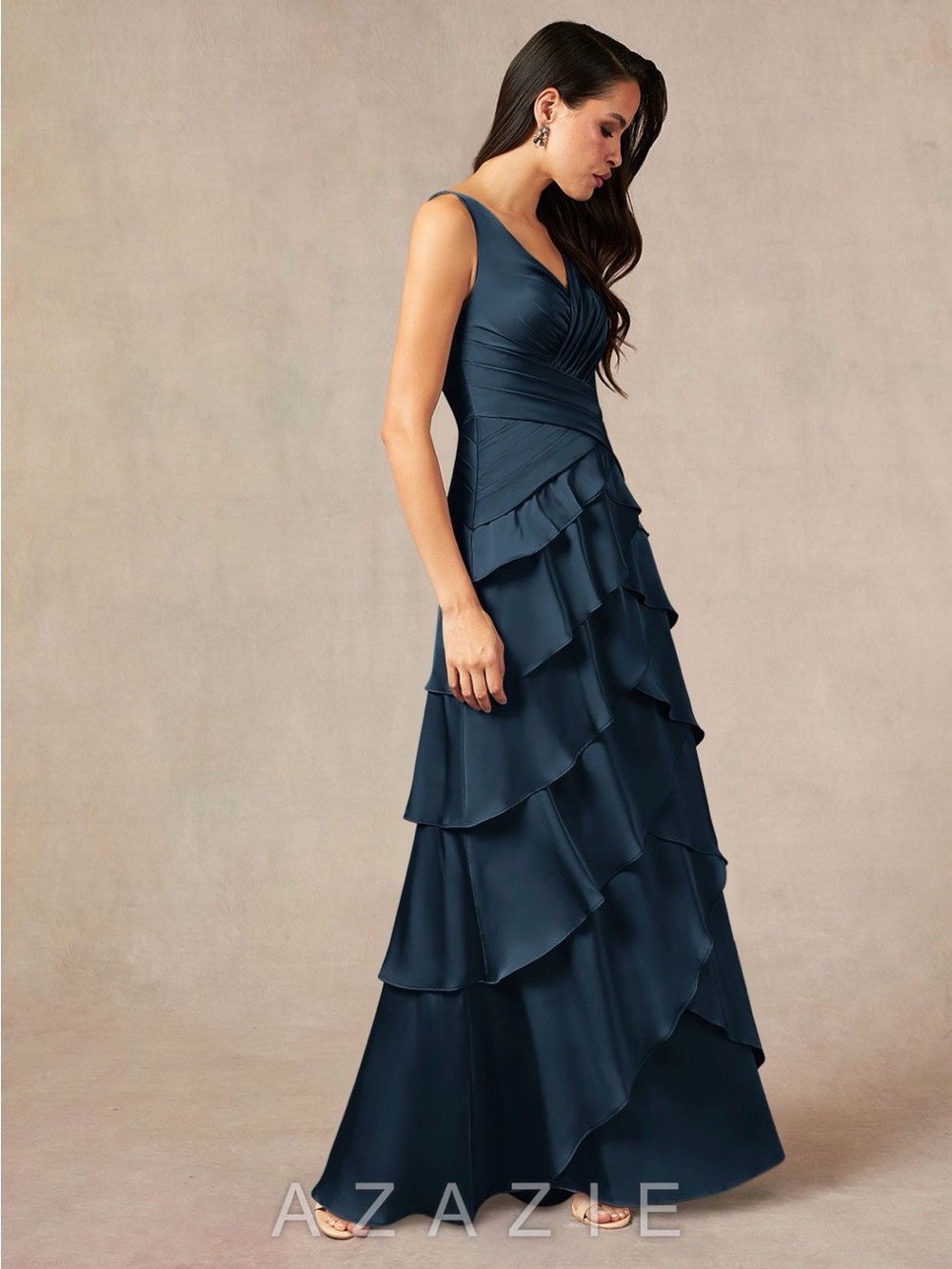 Azazie Navy Tiered Ruffle V-Neck Maxi Dress